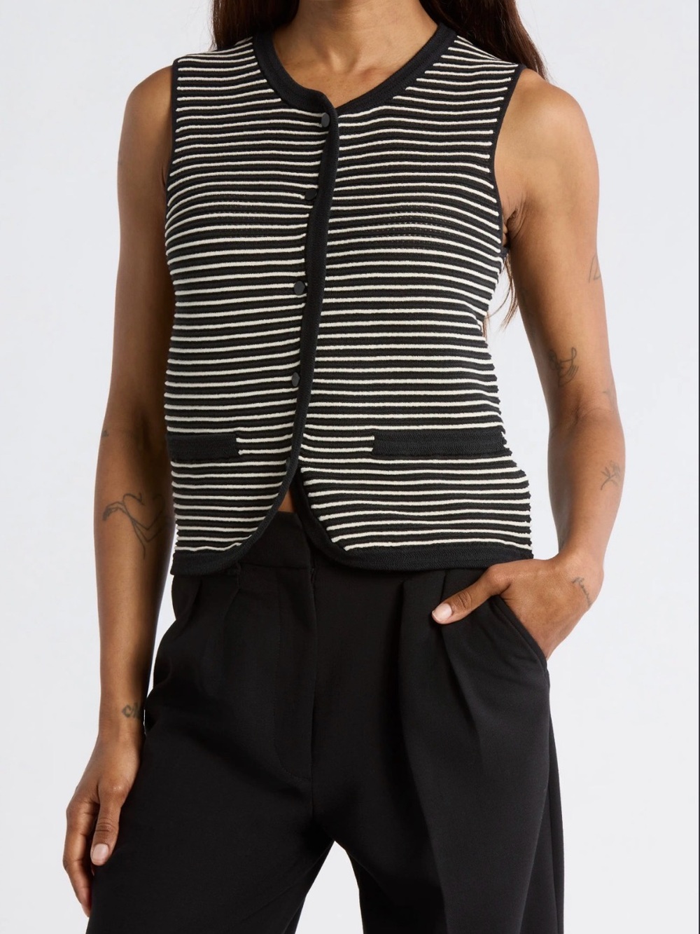 rag & bone Black & Cream Striped Knit Button-Front Vest